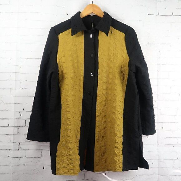 IC BY CONNIE K BLACK & YELLOW COLOR BLOCK BUTTON DOWN TUNIC TOP SIZE LARGE - Picture 1 of 10